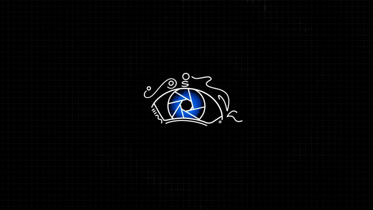 Opening frame of the reel: a hand drawn eye with a camera aperture iris